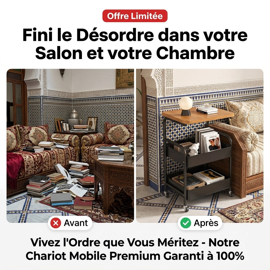 Chariot de Rangement Mobile 3 Niveaux sur Roulettes, Plateau Bois et Métal Noir