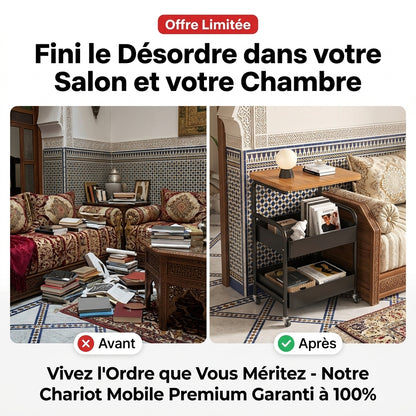 Chariot de Rangement Mobile 3 Niveaux sur Roulettes, Plateau Bois et Métal Noir