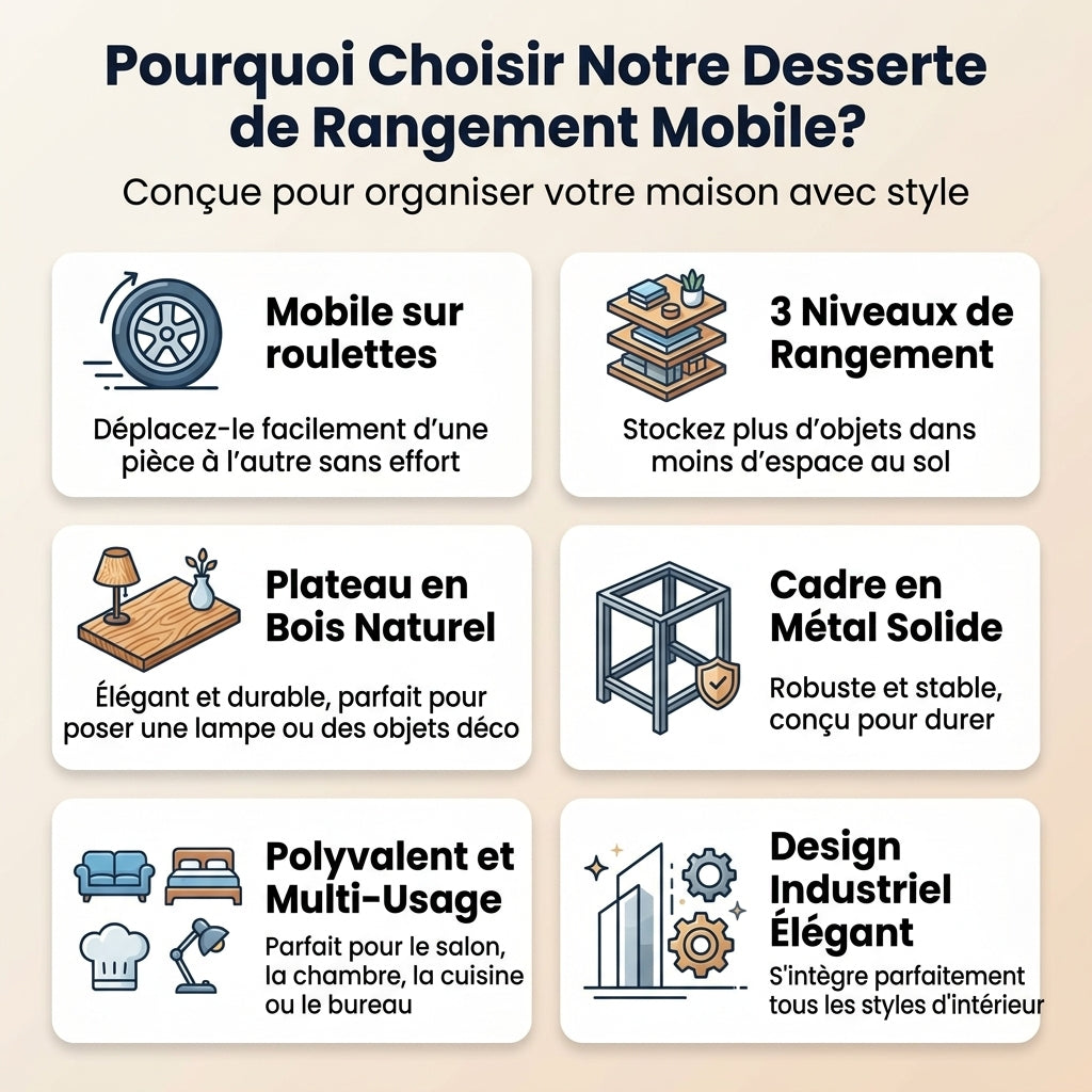Chariot de Rangement Mobile 3 Niveaux sur Roulettes, Plateau Bois et Métal Noir