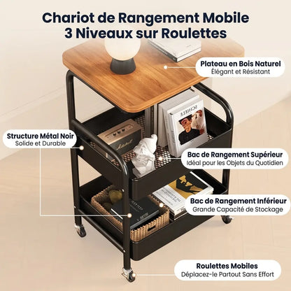 Chariot de Rangement Mobile 3 Niveaux sur Roulettes, Plateau Bois et Métal Noir