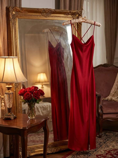 Nuisette Longue Fendue Rouge – Dos Nu Croisé