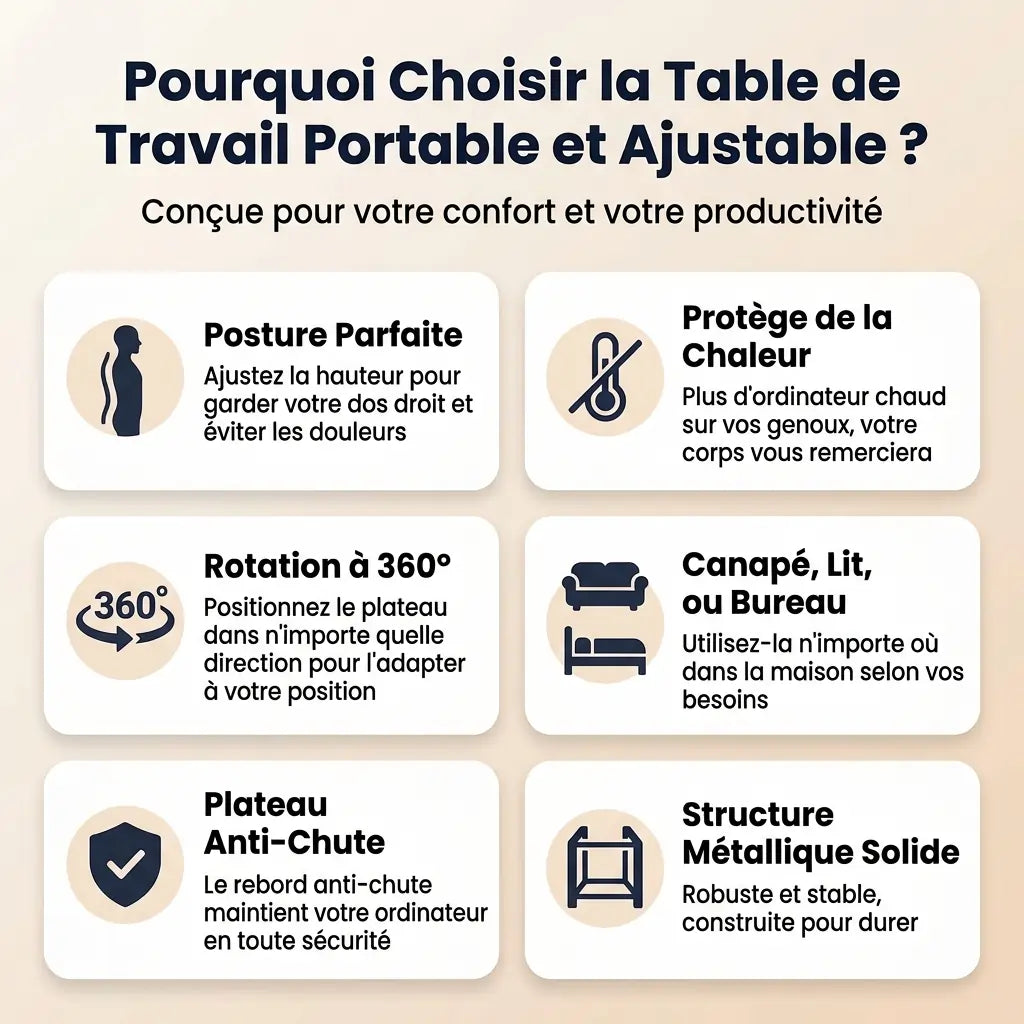 Table de Travail Portable Réglable, Confort et Posture Parfaite