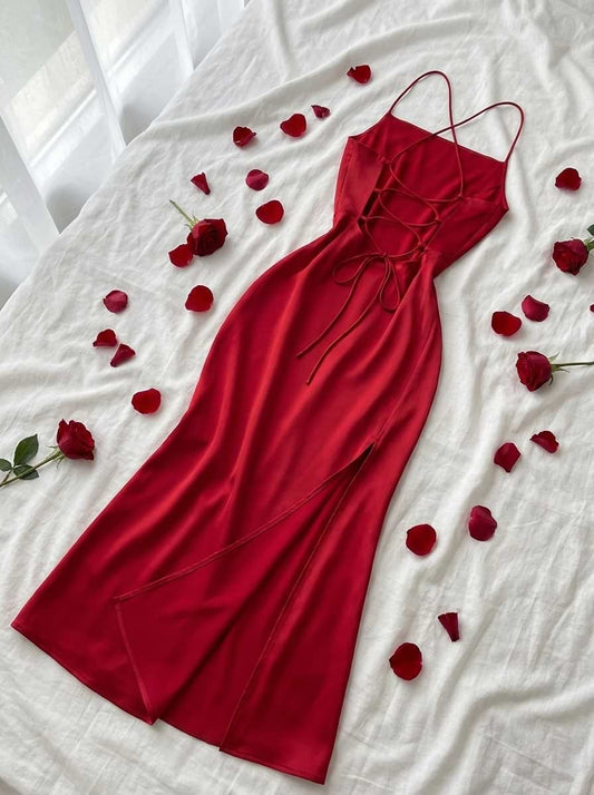 Nuisette Longue Fendue Rouge – Dos Nu Croisé
